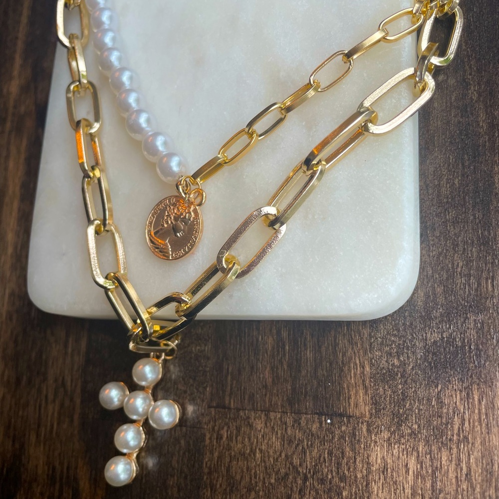 NEW! Gold Cross Pearl Necklace